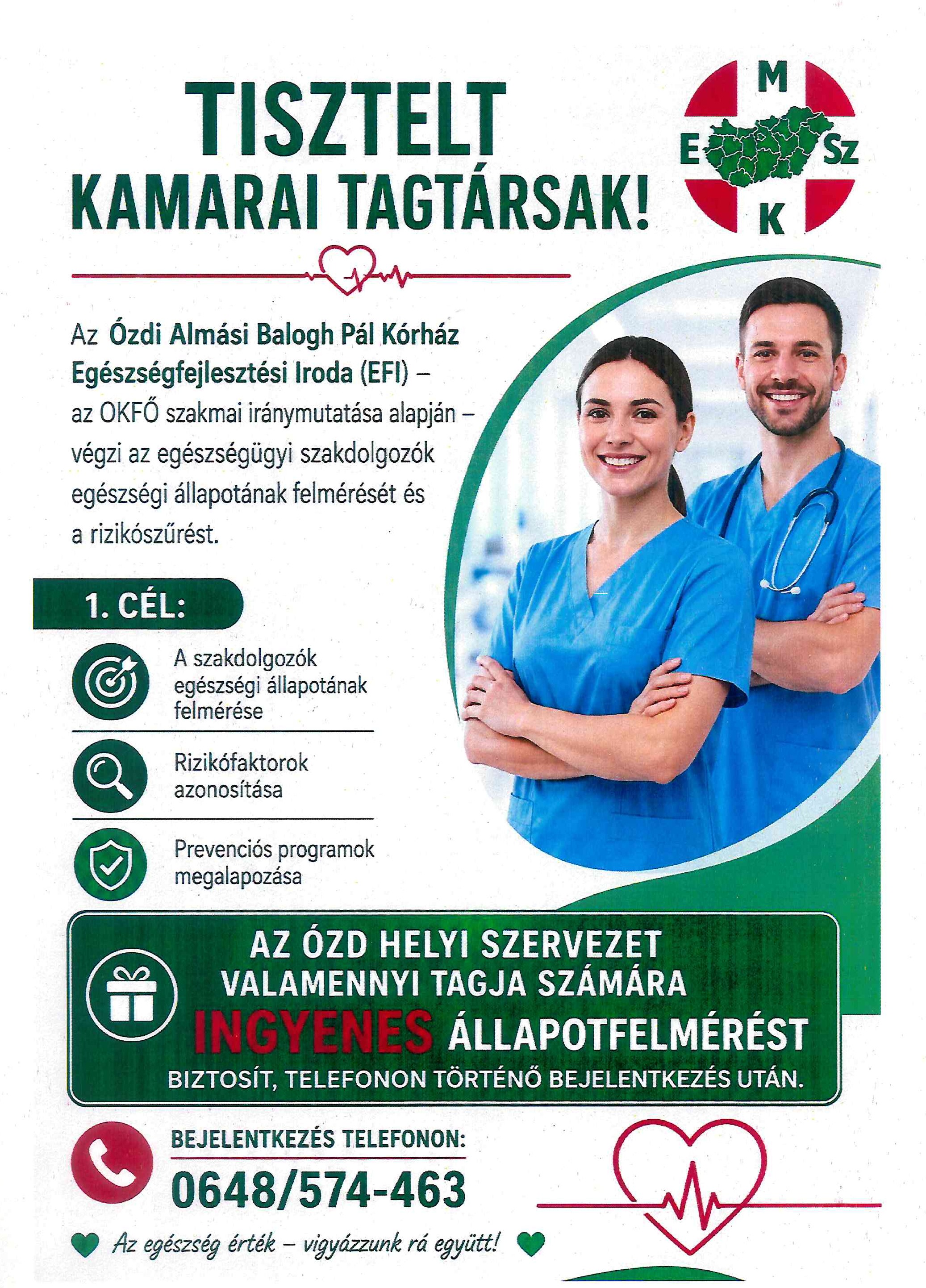 Az Ózdi Almási Balogh Pál Kórház Egészségfejlesztési Iroda (EFI) – az OKFŐ szakmai iránymutatása alapján – végzi az egészségügyi szakdolgozók egészségi állapotának felmérését és a rizikószűrést.
